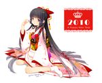  2010 bad_id bad_pixiv_id bangs black_hair blunt_bangs floral_print full_body hair_ribbon hime_cut japanese_clothes kimono kirino_kasumu long_hair long_sleeves looking_at_viewer new_year obi original purple_eyes ribbon sash sidelocks simple_background sitting socks solo very_long_hair wariza white_background 