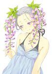  bare_shoulders blue_dress collarbone copyright_request dress flower hair_flower hair_ornament halter_top halterneck head_tilt purple_eyes sakamoto_atsumu simple_background solo sundress white_background 