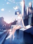  bad_id bad_pixiv_id bangs bare_arms barefoot blue_eyes blue_hair cloud day dress feet full_body hair_in_mouth highres joeian legs looking_at_viewer original outdoors ruins short_hair sitting sky sleeveless sleeveless_dress smile solo sundress tareme 