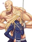  1girl aiguillette alex_louis_armstrong amestris_military_uniform blonde_hair blue_eyes brother_and_sister cleft_chin facial_hair fullmetal_alchemist hair_over_one_eye long_hair masakikazuyoshi military military_uniform muscle mustache olivier_mira_armstrong siblings sparkle sword uniform weapon 
