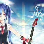  bandaid blue_hair cloud cyan_(myumyunanaco) guitar hatsune_miku instrument long_hair musical_note sky solo sun twintails vocaloid 
