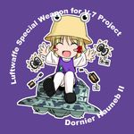  aircraft blonde_hair blush_stickers chibi explosive eyes flying_saucer goliath_tracked_mine hat iron_cross military mine_(weapon) moriya_suwako nazi panjandrum sakurato_tsuguhi short_hair smile solo space_craft touhou ufo world_war_ii 