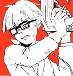  bangs blood blunt_bangs cuts formal glasses grimace gun injury jeff male_focus monochrome moshimura mother_(game) mother_2 solo spot_color suit weapon 