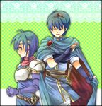  1girl armor blue_eyes blue_hair blush cape closed_eyes crown elbow_gloves fingerless_gloves fire_emblem fire_emblem:_monshou_no_nazo gloves headband kariu katua marth short_hair sword weapon 