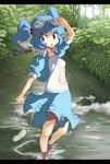  :o ahoge arm_up blouse blue_eyes blue_hair goggles goggles_on_head hair_bobbles hair_ornament kawashiro_nitori letterboxed md5_mismatch nature navel no_bra no_nose nobori_ranzu open_clothes open_mouth pocket see-through short_hair skirt solo standing stream touhou twintails two_side_up vest wading water 