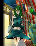  bad_anatomy curtains detached_sleeves green_eyes green_hair highres kochiya_sanae midriff navel night shinoi solo touhou 