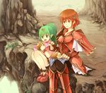  armor bird boots bracelet bread cape chiki eating elf fingerless_gloves fire_emblem fire_emblem:_monshou_no_nazo food gloves green_eyes green_hair headband jewelry kariu long_hair mamkute minerva_(fire_emblem) multiple_girls open_mouth pointy_ears ponytail red_armor red_eyes red_hair short_hair sitting smile 