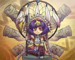  axe bad_id bad_pixiv_id chibi dream_catcher feathers fringe_trim headdress kawahagi native_american native_american_headdress purple_hair red_eyes short_hair sitting solo totem_pole touhou warbonnet weapon yasaka_kanako 