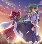  ahoge back-to-back bangs bare_shoulders blue_skirt bow breasts brown_hair collared_shirt detached_sleeves eyebrows floating_hair frilled_bow frilled_skirt frilled_sleeves frills frog_hair_ornament from_behind full_body green_eyes green_hair hair_bow hair_ornament hakurei_reimu hand_in_hair image_sample kochiya_sanae lens_flare long_hair long_skirt looking_at_viewer medium_hair multiple_girls navel pixiv_sample polka_dot_skirt red_bow red_ribbon red_skirt ribbon ribbon-trimmed_skirt ribbon-trimmed_sleeves ribbon_trim shirt skirt skirt_set sky skywaker smile snake_hair_ornament standing sun sunset touhou wheat_field white_ribbon white_shirt white_sleeves wide_sleeves wind 