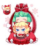  annoyed blonde_hair blue_eyes blush chibi closed_eyes green_hair hair_ribbon juuno_(nekoda) kagiyama_hina medicine_melancholy multiple_girls ribbon su-san touhou wings 