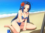  bad_id bad_pixiv_id barefoot beach bikini blue_hair breasts can cleavage cygnus_(cygnus7) day flower food hair_flower hair_ornament hibiscus idolmaster idolmaster_(classic) medium_breasts miura_azusa mouth_hold navel o-ring o-ring_top outdoors popsicle red_eyes sexually_suggestive side-tie_bikini sitting soda_can solo swimsuit water 