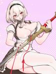  1girl anchor azur_lane blush breasts choker cleavage collarbone covered_nipples eyebrows hair_between_eyes hairband head_tilt holding holding_sword holding_weapon lace-trimmed_cuffs lace-trimmed_hairband large_breasts legs_crossed lips looking_at_viewer panties parted_lips puffy_sleeves red_eyes ribbon short_sleeves sidelocks sirius_(azur_lane) sitting solo sparkle sword thighhighs thighs underwear weapon white_hair white_legwear white_panties wrist_cuffs yi_dianxia 