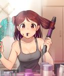 1girl aoba_misaki bangs bare_arms bare_shoulders blue_shirt blush breasts cleavage clothes_hanger collarbone comb commentary_request curling_iron eyebrows_visible_through_hair female_pov ground_vehicle hair_rollers hairdressing holding holding_comb idolmaster idolmaster_million_live! idolmaster_million_live!_theater_days indoors kamille_(vcx68) looking_at_viewer medium_breasts military military_vehicle mirror motor_vehicle mouth_hold one_side_up parted_bangs parted_lips pov purple_eyes red_hair reflection shirt short_hair sleeveless solo sparkle sweatdrop tank tareme upper_body v-shaped_eyebrows 