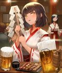  2girls alcohol bangs beer beer_mug black_hair blue_hair blunt_bangs blush bob_cut brown_eyes ceiling_light commentary_request cup danann drooling drunk eyebrows_visible_through_hair food gohei hakama head_tilt holding indoors japanese_clothes kimono long_sleeves looking_at_viewer meat miko multiple_girls original plate pov red_hakama ribbon-trimmed_sleeves ribbon_trim saliva short_hair skewer tray two-handed upper_body waitress white_kimono wide_sleeves yellow_eyes 