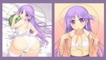  apron ass bad_id bad_pixiv_id bra crossdressing happiness! highres kashiwamochi_yomogi lingerie mouth_hold nearly_naked_apron open_clothes open_shirt otoko_no_ko panties purple_eyes purple_hair school_uniform shirt thighhighs underwear undressing watarase_jun white_legwear white_panties 