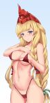  1girl adjusting_clothes adjusting_swimsuit athena_(granblue_fantasy) bangs bare_arms bare_shoulders bikini blonde_hair blue_background blue_eyes blunt_bangs blush cameltoe closed_mouth collarbone commentary_request covered_nipples cowboy_shot eyebrows_visible_through_hair frown gradient gradient_background granblue_fantasy green_ribbon groin hair_ribbon hand_on_own_chest hand_under_clothes hand_under_swimsuit helmet long_hair looking_away looking_down navel red_bikini ribbon rumiya9i solo stomach string_bikini sweat swimsuit thong_bikini tri_braids very_long_hair 