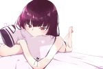  1girl absurdres ass bangs bed_sheet blush breasts covered_mouth eyebrows_visible_through_hair feet_up girls_frontline hair_ribbon heart highres ichiki_(pixiv_28380297) large_breasts long_hair looking_at_viewer lying on_stomach pillow pillow_hug purple_hair red_eyes ribbon sidelocks simple_background solo very_long_hair wa2000_(girls_frontline) 
