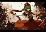  autumn_leaves brown_shirt day front_ponytail green_hair hair_ribbon hat highres kagiyama_hina leaf long_hair long_skirt maple_leaf outdoors outstretched_arms red_hat red_ribbon red_skirt ribbon shirt short_sleeves skirt snozaki solo standing touhou 