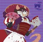  2018 anthro apron armello bedroom_eyes blood cleaver clothed clothing fan_(disambiguation) fangs female grin griotte_(armello) half-closed_eyes jewelry looking_at_viewer mammal melee_weapon myan_(artist) necklace rat rodent seductive smile solo stole teeth weapon 