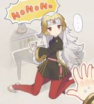  1girl black_dress cbc_p closed_mouth commentary_request crown cup dress feh_(fire_emblem_heroes) fire_emblem fire_emblem_heroes grey_hair long_hair long_sleeves orb red_eyes red_legwear spoken_ellipsis summoner_(fire_emblem_heroes) sweatdrop table teacup veronica_(fire_emblem) 