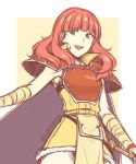  adricarra armor bandaged_arm bandages breastplate cape celica_(fire_emblem) commentary dress fire_emblem fire_emblem_echoes:_mou_hitori_no_eiyuuou fire_emblem_gaiden fire_emblem_heroes highres long_hair open_mouth pelvic_curtain red_eyes red_hair shoulder_armor simple_background sleeveless solo twitter_username 