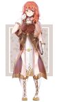  book boots breastplate celica_(fire_emblem) closed_mouth commentary cosplay fire_emblem fire_emblem_echoes:_mou_hitori_no_eiyuuou fire_emblem_heroes full_body gloves headband holding holding_book knee_boots long_hair mae_(fire_emblem) mae_(fire_emblem)_(cosplay) pelvic_curtain red_eyes red_hair reinynii solo standing white_gloves 