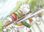  2017 abs anthro biceps clothed clothing feline fur grimoire_of_zero hi_res kemono knife male mammal melee_weapon mercenary_(character) muscular muscular_male solo sword tiger tree tupidwithouts weapon white_fur white_tiger 