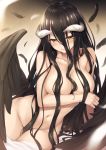  albedo arm_under_breasts bangs black_feathers black_hair black_wings blush breast_hold breasts brown_eyes closed_mouth collarbone curled_horns eyebrows_visible_through_hair feathered_wings feathers groin hair_between_eyes hair_censor hair_over_breasts head_tilt highres horns large_breasts long_hair looking_at_viewer md5_mismatch navel nude overlord_(maruyama) slit_pupils smile solo tomifumi very_long_hair wings 