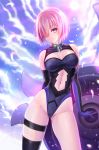  arm_behind_back ass_visible_through_thighs backlighting bare_shoulders black_legwear blush breasts cameltoe cleavage cleavage_cutout closed_mouth cloud collar colored_eyelashes commentary contrapposto cowboy_shot elbow_gloves eyebrows_visible_through_hair fate/grand_order fate_(series) feathers gloves groin hair_over_one_eye head_tilt highleg highleg_leotard highres holding large_breasts leotard looking_at_viewer mash_kyrielight navel navel_cutout pink_hair purple_eyes purple_gloves purple_leotard shield shiny shiny_hair short_hair single_thighhigh smile solo sun sunday_se7en sunlight thigh_strap thighhighs thighs 