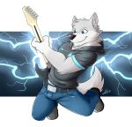  2018 anthro belt canine clothing digital_media_(artwork) greydaboy guitar hi_res hoodie male mammal musical_instrument pants solo wolf 