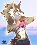  2018 anthro canine clothed clothing fur hi_res male mammal piercing seth_(tas) swimsuit tokyo_afterschool_summoners topless zephyxus 