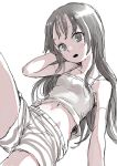  :o @_@ absurdres bare_shoulders blush boyshorts breasts camisole grey_eyes grey_hair hand_up highres long_hair midriff navel open_mouth original simple_background sketch small_breasts solo white_background yamamoto_souichirou 
