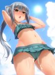  armpits arms_up bangs bare_arms bikini blue_sky blush breasts cameltoe clothed_after_sex cloud cowboy_shot cum cum_in_clothes cum_in_pussy cumdrip day eyebrows_visible_through_hair frilled_bikini frills from_below green_bikini hair_ribbon heart heart-shaped_pupils highres kantai_collection kasumi_(kantai_collection) long_hair navel open_mouth outdoors ribbon silver_hair sky small_breasts solo standing sun sweat swimsuit symbol-shaped_pupils white_ribbon yellow_eyes yoshi_tama 