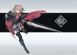  absurdres armor astolfo_(fate) black_legwear braid cape commentary_request fate/grand_order fate_(series) full_body garter_straps gauntlets hair_between_eyes hair_ribbon harng1239 highres holding_lance lance long_hair male_focus otoko_no_ko pink_hair polearm ribbon riding single_braid solo thighhighs torn_cape weapon yellow_eyes 