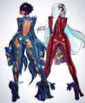  alternate_hair_length alternate_hairstyle ankle_gun ass back back_cutout bayonetta bayonetta_(character) bayonetta_2 black_hair butt_crack commentary contrapposto diamond_(shape) earrings from_behind full_body goggles goggles_on_head gun handgun high_heels highres holding jeanne_(bayonetta) jewelry lipstick long_hair long_legs looking_at_viewer looking_back makeup mole mole_under_mouth multiple_girls quadruple_wielding robert_porter short_hair silver_hair simple_background sketch smile thigh_gap weapon 