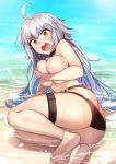  ahoge arm_support ass bangs barefoot beach bikini bikini_bottom black_bikini blush breasts butt_crack choker cleavage commentary_request covering covering_breasts d: day embarrassed eyebrows_visible_through_hair fallen_down fate/grand_order fate_(series) grey_hair hair_between_eyes holding jeanne_d'arc_(alter_swimsuit_berserker) jeanne_d'arc_(fate)_(all) large_breasts long_hair looking_at_viewer lying nose_blush o-ring o-ring_bikini o-ring_bottom on_side open_mouth outdoors partially_submerged shallow_water shouting solo swimsuit thigh_strap topless wakamesan water wet yellow_eyes 
