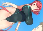  1girl 3: bangs black_swimsuit blue_background blush breasts covered_navel covered_nipples cowboy_shot dutch_angle earrings embarrassed eyebrows_visible_through_hair flying_sweatdrops hairband head_tilt highleg highleg_swimsuit homura_(xenoblade_2) huge_breasts jewelry one-piece_swimsuit pink_hair red_eyes rex_(xenoblade_2) rkrk short_hair simple_background solo_focus swept_bangs swimsuit wide-eyed xenoblade_(series) xenoblade_2 