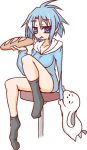  :&lt; amputee animal asymmetrical_legwear bangs black_legwear blue_hair blue_jacket blush bread breasts closed_eyes collarbone commentary_request dog eyebrows_visible_through_hair food food_on_face full_body hair_between_eyes hand_up holding holding_food hono hood hood_down hooded_jacket jacket kneehighs kneehighs_pull long_sleeves medium_breasts nath no_shoes official_art parted_lips purple_eyes simple_background sitting solo stool suguri triangle_mouth white_background 