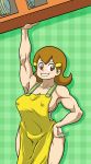  5-volt absurdres apron armpits blush_stickers breasts brown_eyes brown_hair commentary_request covered_nipples grin hair_ornament hand_on_hip highres large_breasts lifting lips malev mature muscle muscular_female naked_apron parted_lips smile solo warioware 