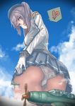  aircraft ass beret black_hat blue_skirt blush breasts cloud day embarrassed epaulettes frilled_sleeves frills from_below giantess gloves hat highres jacket kantai_collection kashima_(kantai_collection) large_breasts long_sleeves looking_at_viewer looking_down open_mouth panties pleated_skirt red_neckwear silver_hair size_difference skirt sky solo twintails underwear uru_(uru0000) white_gloves white_jacket white_panties 
