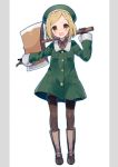  :d axe bangs beret blonde_hair blush boots brown_eyes brown_footwear brown_gloves brown_legwear brown_shirt buttons collared_shirt commentary_request fate/grand_order fate_(series) full_body gloves green_coat green_hat grey_background hand_up hat head_tilt highres holding holding_axe ikeuchi_tanuma long_sleeves looking_at_viewer open_mouth over_shoulder pantyhose paul_bunyan_(fate/grand_order) pocket shirt shoes short_hair smile solo standing two-tone_background weapon weapon_over_shoulder white_background 