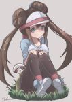  blue_eyes brown_hair convenient_leg double_bun foongus gen_5_pokemon grass grey_background hands_on_own_knees hat highres knees_up long_hair nene_(hong_kong) pantyhose pokemon pokemon_(creature) pokemon_special sidelocks sitting smile twintails whi-two_(pokemon) white_hat 