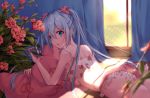  :o absurdres ass back bangs bed blue_eyes blue_hair blurry breasts camisole cat_pillow cellphone curtains depth_of_field dust_particles flower food_print frilled_panties frills from_side hair_between_eyes hair_ornament hatsune_miku hibiscus highres holding holding_phone indoors long_hair looking_at_viewer looking_back lying medium_breasts midriff on_stomach panties phone pillow pink_panties sidelocks smartphone solo strap_slip strawberry_print sunlight suyi-j twintails underboob underwear underwear_only vocaloid window 