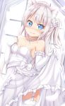  animal_ear_fluff animal_ears azur_lane bangs bare_shoulders blue_eyes blush bow breasts bride cat_ears closed_mouth collarbone commentary_request day dress dutch_angle elbow_gloves eyebrows_visible_through_hair flower frilled_dress frills garter_straps gloves hair_flower hair_ornament hammann_(azur_lane) highres keiran_(ryo170) long_hair looking_at_viewer nose_blush one_side_up partial_commentary petals revision rose silver_hair skirt_hold small_breasts solo strapless strapless_dress sunlight thighhighs tiara v-shaped_eyebrows very_long_hair wedding_dress white_bow white_dress white_flower white_gloves white_legwear white_rose window 