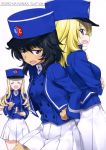  :d absurdres andou_(girls_und_panzer) back-to-back bangs bc_freedom_(emblem) bc_freedom_military_uniform black_hair blonde_hair blue_eyes blue_hat blue_jacket blue_vest brown_eyes cover cover_page crossed_arms dark_skin doujin_cover dress_shirt drill_hair eating emblem eyebrows_visible_through_hair food food_on_face fork frown girls_und_panzer hand_on_hip hat high_collar highres holding holding_fork jacket kurashima_tomoyasu long_hair long_sleeves looking_at_viewer marie_(girls_und_panzer) medium_hair messy_hair multiple_girls open_mouth oshida_(girls_und_panzer) saucer shirt smile standing vest 