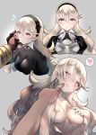  armor black_gloves black_hairband blush breasts brown_gloves cheek_poking closed_mouth commentary_request female_my_unit_(fire_emblem_if) fire_emblem fire_emblem_heroes fire_emblem_if gloves grey_background hairband heart long_hair medium_breasts my_unit_(fire_emblem_if) negiwo nipples one_eye_closed parted_lips pointy_ears poking red_eyes simple_background spoken_heart summoner_(fire_emblem_heroes) twitter_username white_hair 