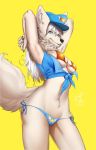  anthro bikini breasts camel_toe canine clothed clothing female hands_behind_head looking_at_viewer mammal skimpy smile solo standing stesha_di swimsuit wide_hips 