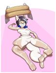  2018 3_toes anthro blue_hair breasts cat clothes_roller feline female flattened flattening green_eyes hair hi_res lying mammal nipples nude pussy rem rollers rubber simple_background smile solo toes 