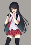  black_hair black_legwear brown_eyes cowboy_shot dress_shirt floating_hair grey_background hair_between_eyes hayata_(ayasaki_index) highres holding holding_microphone long_hair microphone microphone_stand miniskirt necktie original pleated_skirt red_neckwear red_skirt shiny shiny_hair shirt short_sleeves simple_background skirt solo standing striped striped_neckwear thighhighs very_long_hair white_shirt zettai_ryouiki 