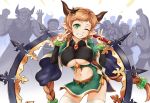  5boys ;d bracelet braid breasts brown_hair carmelina_(granblue_fantasy) cheering double_v draph dress gem granblue_fantasy green_dress green_eyes grin hair_ornament holding holding_weapon horns jewelry large_breasts long_hair looking_at_viewer multiple_boys nam_(valckiry) navel navel_cutout one_eye_closed open_mouth pointy_ears short_dress side_slit smile thighhighs twin_braids underboob underboob_cutout v very_long_hair weapon wide_sleeves 